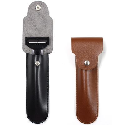 2PCS LinMei Razor Protective Travel Cover for Straight, Shavette and Barber Razors Shaving Pouch Holder (Brown, Black)