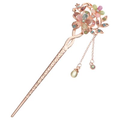 Minkissy Rhinestone Flower Hair Accessory - Vintage Opal Floral Chignon Pin Chopsticks with Colorful Tassel Jewelry