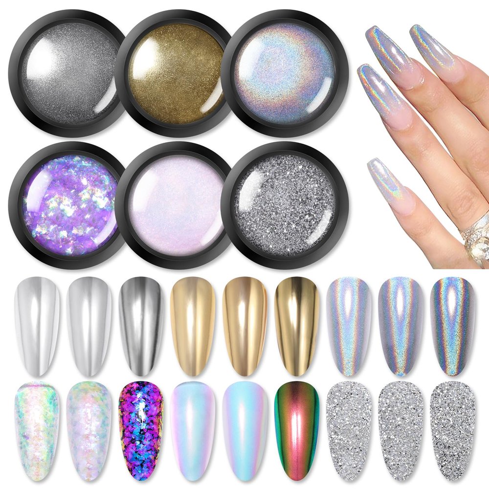 BORN PRETTY Chrome Nail Powder Holographic Nail Art Auroras Mermaid Pearl Nail Powder Reflective Glitter Manicure Pigment Chrome Powder 6 Boxes
