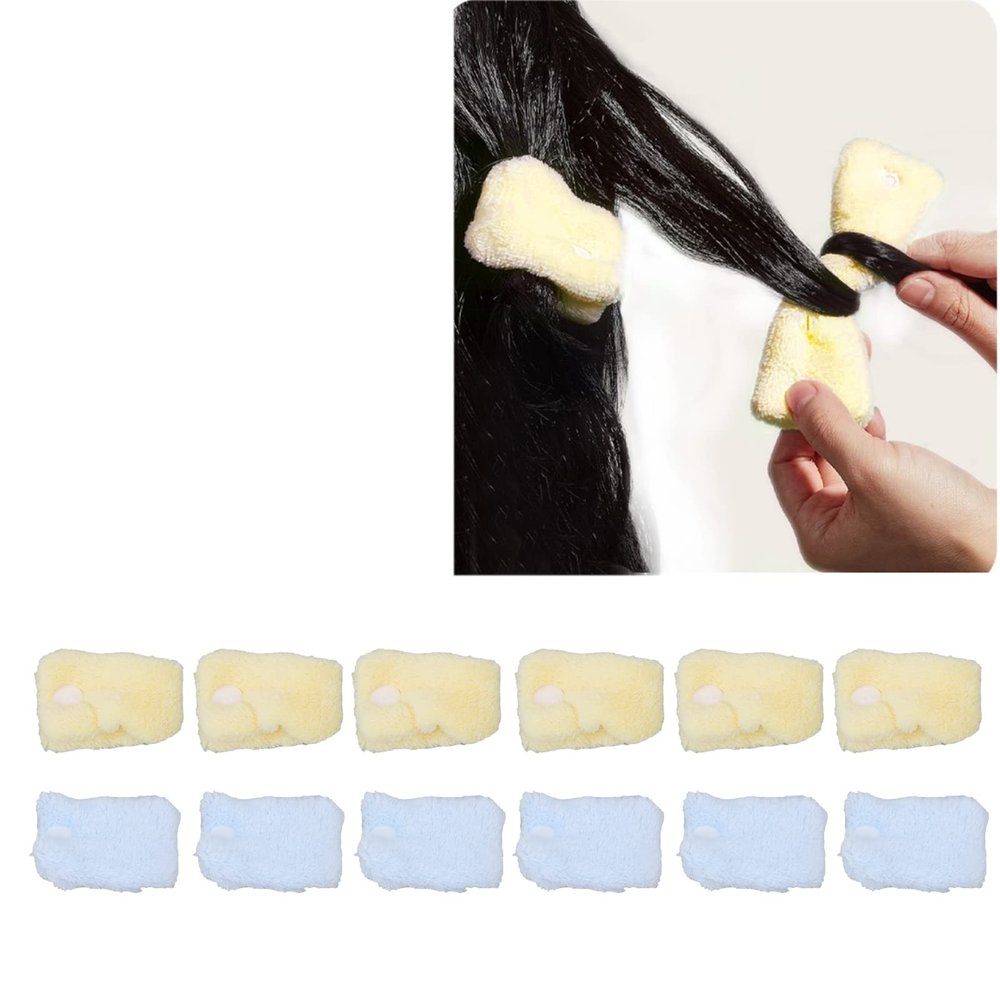 12 Pcs Curlers, Heatless Curling Rod Headband, No Heat Curl Ribbon with Hair Clips and Scrunchie, Fleece Damage DIY Tool Bule Yellow for Sleeping at Night