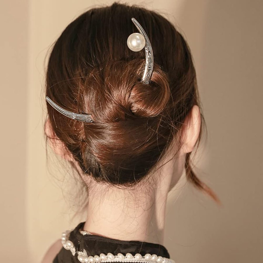 Annoomm Moon Hairpin Flower Hair Stick,Hair clasp Girl Women Pearl Hair Clip Elegant Retro Hair Fork Bridal Headwear Hair Styling (Pattern silver), 1.0 Count, 1
