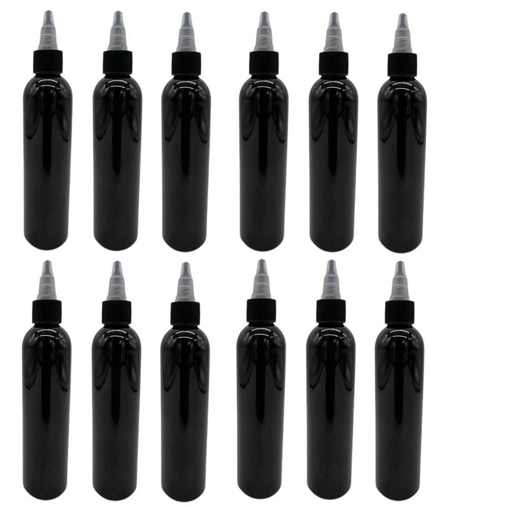 Natural Farms 4 oz Black Cosmo Plastic Bottles -12 Pack Empty Bottle Refillable - BPA Free - Essential Oils - Aromatherapy | Black/Natural Twist Top Cap - Made in the USA