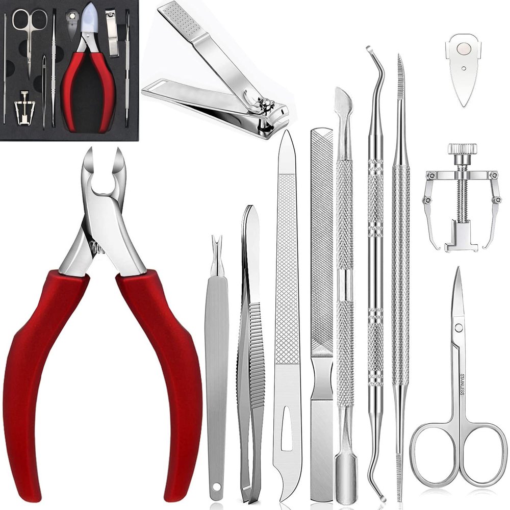 12PCS Ingrown Toenail Tools Stainless Steel Foot Nail Tools,Toenail File and Lifter,Nail Clipper,Cuticle Cutters,Cuticle Pusher and Manicure Pedicure Tools for Ingrown and Thick Nail (Red)