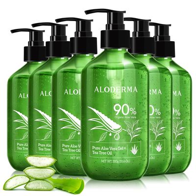 Aloderma Aloe Vera Gel + Tea Tree Oil, Made with Refreshing Organic Aloe for After Sun Skin Care, Multipurpose Use for Hair and Scalp, and Face or as a Shaving Gel or Aftershave - 10.6Oz x 6btls