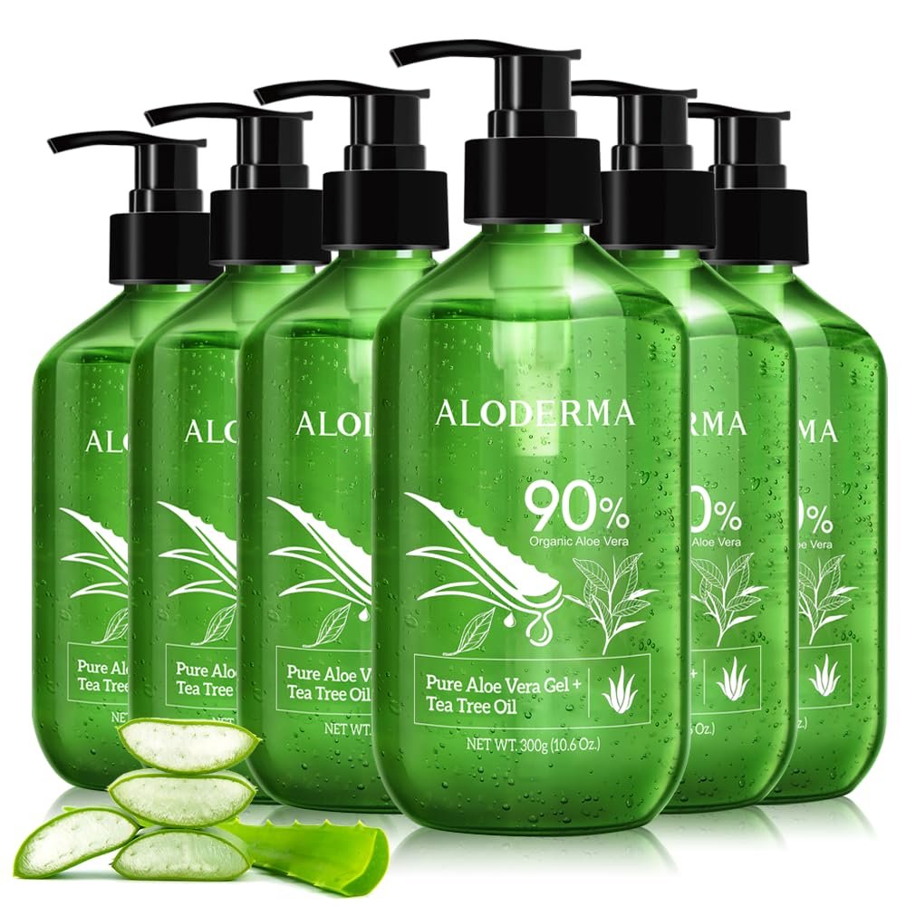 Aloderma Aloe Vera Gel + Tea Tree Oil, Made with Refreshing Organic Aloe for After Sun Skin Care, Multipurpose Use for Hair and Scalp, and Face or as a Shaving Gel or Aftershave - 10.6Oz x 6btls