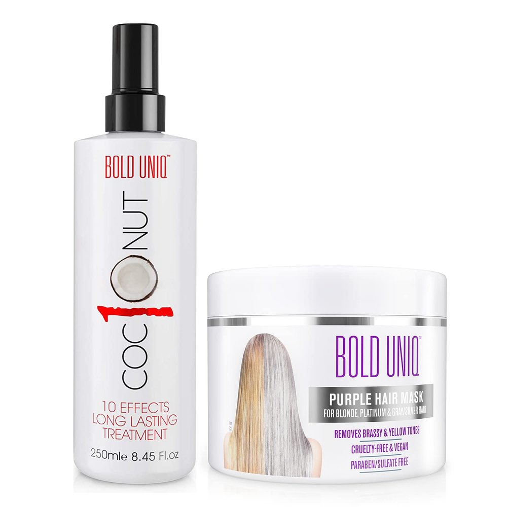 BOLD UNIQ Purple Hair Mask For Blonde, Platinum, Bleached, Silver, Gray, Ash and Brassy Hair & Coconut Heat Protectant Spray - Remove Yellow Tones and Protect Hair from Thermal Heat Up To 450