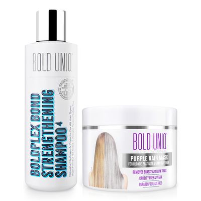 BOLD UNIQ Purple Hair Mask For Blonde, Platinum, Bleached, Silver, Gray, Ash & Brassy Hair & BoldPlex 4 Bond Strengthening Protein Shampoo Bundle - Remove Yellow Tones and Condition Dry, Damaged Hair