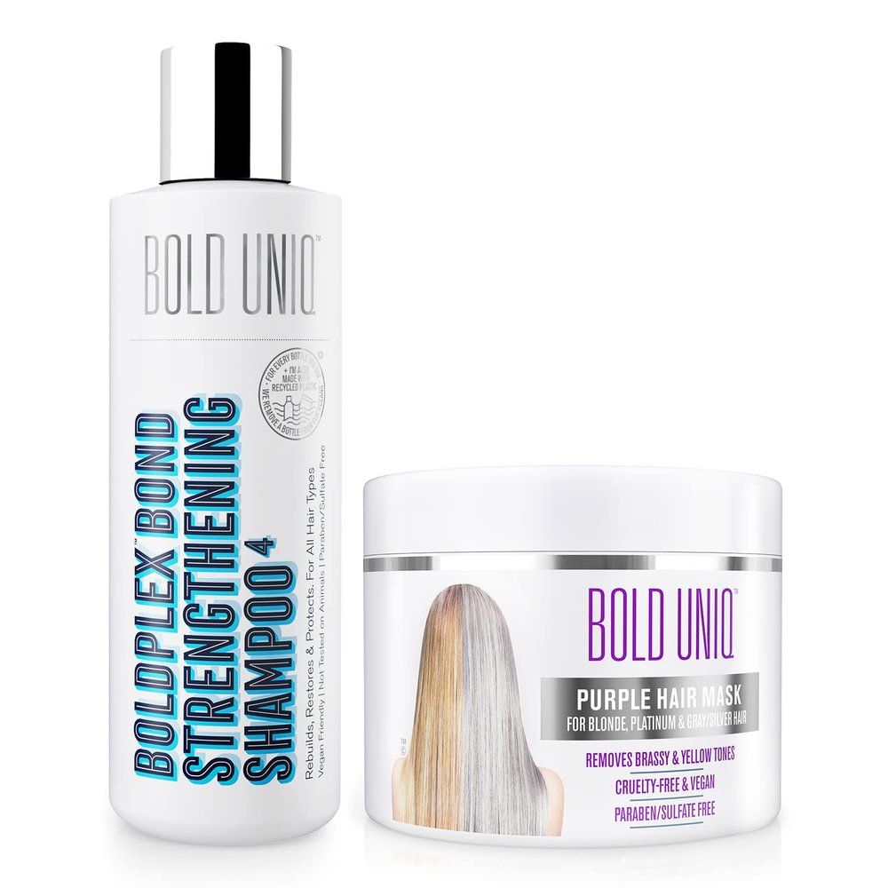 BOLD UNIQ Purple Hair Mask For Blonde, Platinum, Bleached, Silver, Gray, Ash & Brassy Hair & BoldPlex 4 Bond Strengthening Protein Shampoo Bundle - Remove Yellow Tones and Condition Dry, Damaged Hair