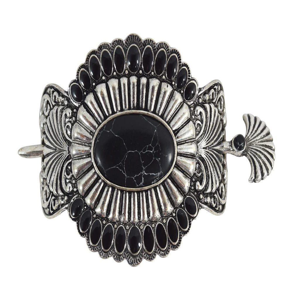 Skelapparel Western Epoxy Concho Bohemian howlite squash Blossom hair barrette Hair stick (Black)