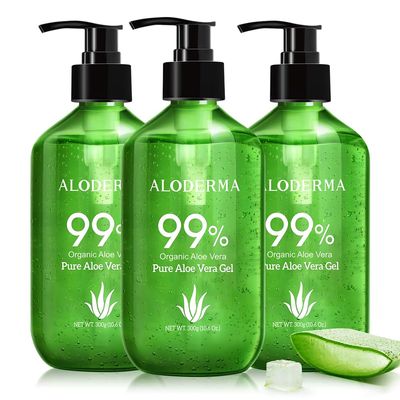 Aloderma 99% Organic Aloe Vera Gel Made within 12 Hours of Harvest - Pump Bottle - Lightweight Aloe Gel for Face and Body, Soothing and Hydrating Sunburn Relief, Great for Scalp & Hair, 3btls x 10.6oz