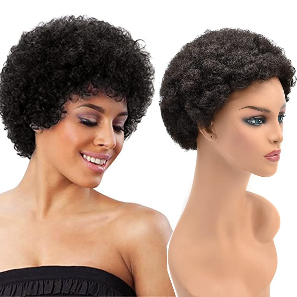 Afro Kinky Curly Wigs for Black Women 5 Inches Short Curly Afro Wig Clip In FACE MIRACLE 100% European Human Hairpiece Natural Looking 1B# OFF BLACK