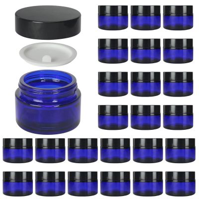 BPFY 24 Pack 1 oz Round Blue Glass Cosmetic Jars with Inner Liners and Black Lids, Travel Glass Jars, Cosmetic Containers for Lip Balms, Powders, Makeup, Cream, Eyeshadow, Slime, Paint