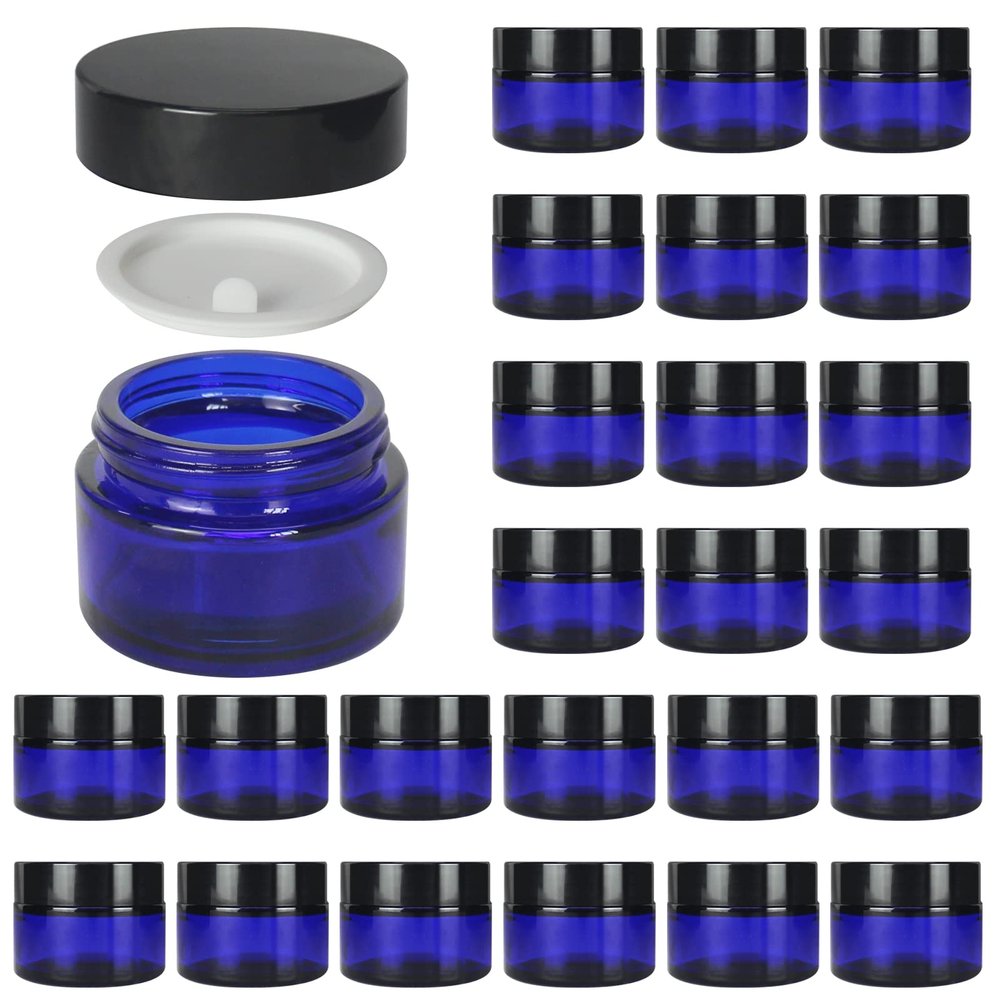 BPFY 24 Pack 1 oz Round Blue Glass Cosmetic Jars with Inner Liners and Black Lids, Travel Glass Jars, Cosmetic Containers for Lip Balms, Powders, Makeup, Cream, Eyeshadow, Slime, Paint