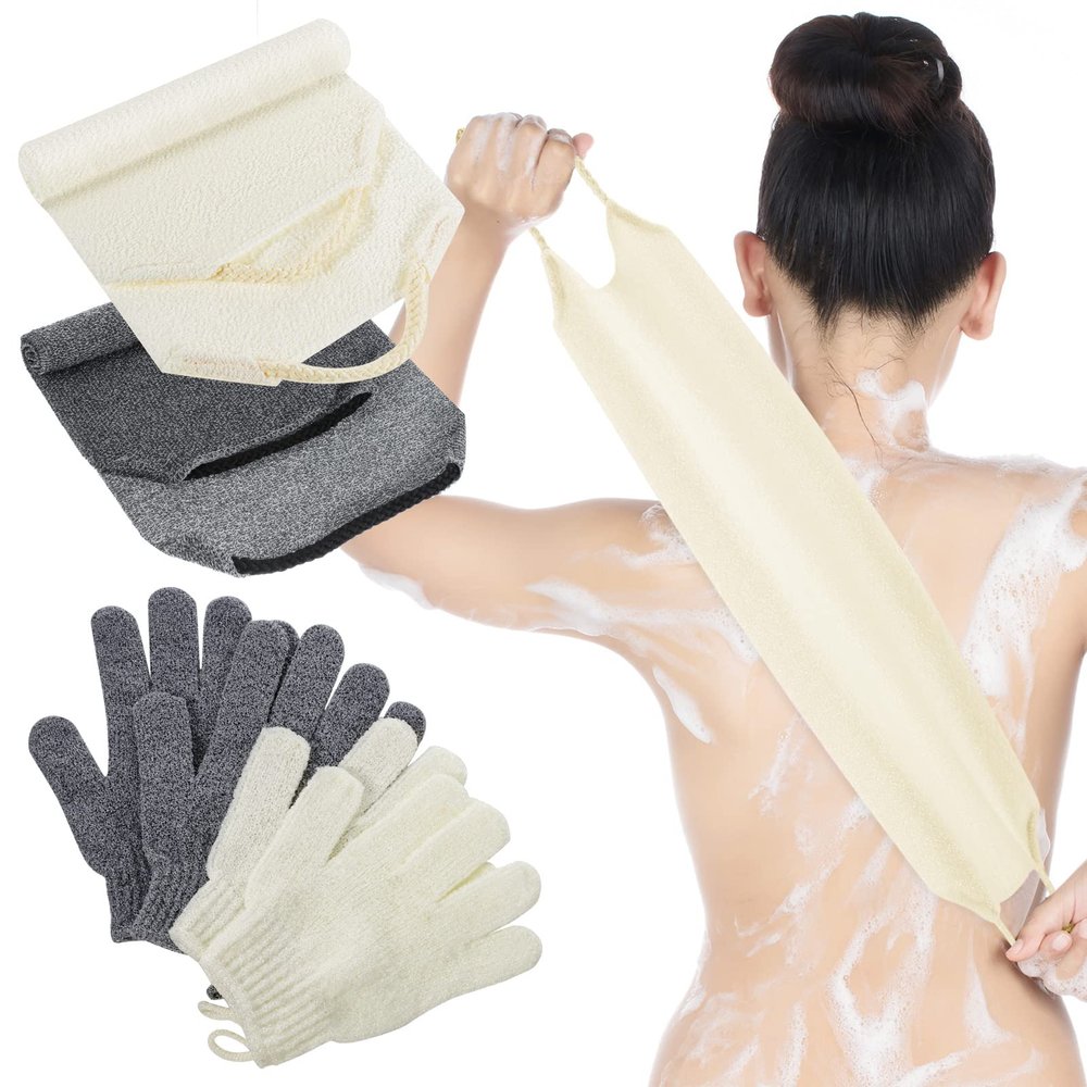 4 Pack Exfoliating Washcloth Back Scrubber Set, 2 Exfoliating Body Scrubber Nylon Back Body Scrub Towel, 2 Pairs Shower Gloves for Women Men Bath Shower Exfoliation(Gray, Beige, White)