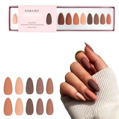 Kiara Sky Press On Nails | XPRESS PRO 100% Acrylic Nails | 30-Piece Kit Includes Nail Glue, Cuticle Pusher, File & Prep Pad | Almond Medium - Cocoa Rush