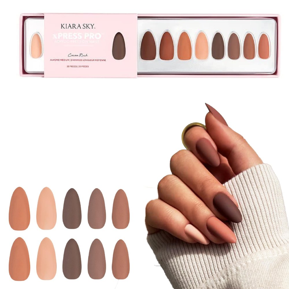 Kiara Sky Press On Nails | XPRESS PRO 100% Acrylic Nails | 30-Piece Kit Includes Nail Glue, Cuticle Pusher, File & Prep Pad | Almond Medium - Cocoa Rush