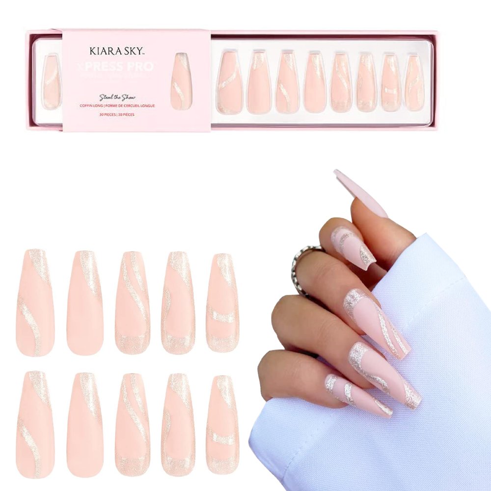 Kiara Sky Press On Nails | XPRESS PRO 100% Acrylic Nails | 30-Piece Kit Includes Nail Glue, Cuticle Pusher, File & Prep Pad | Coffin Long - Steal The Show