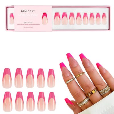 Kiara Sky Press On Nails | XPRESS PRO 100% Acrylic Nails | 30-Piece Kit Includes Nail Glue, Cuticle Pusher, File & Prep Pad | Coffin Medium - Over Pinker