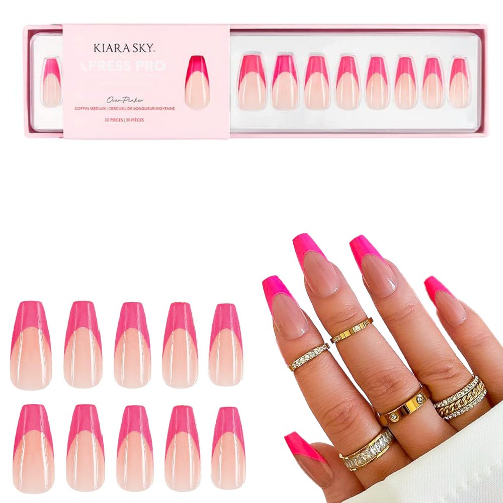 Kiara Sky Press On Nails | XPRESS PRO 100% Acrylic Nails | 30-Piece Kit Includes Nail Glue, Cuticle Pusher, File & Prep Pad | Coffin Medium - Over Pinker