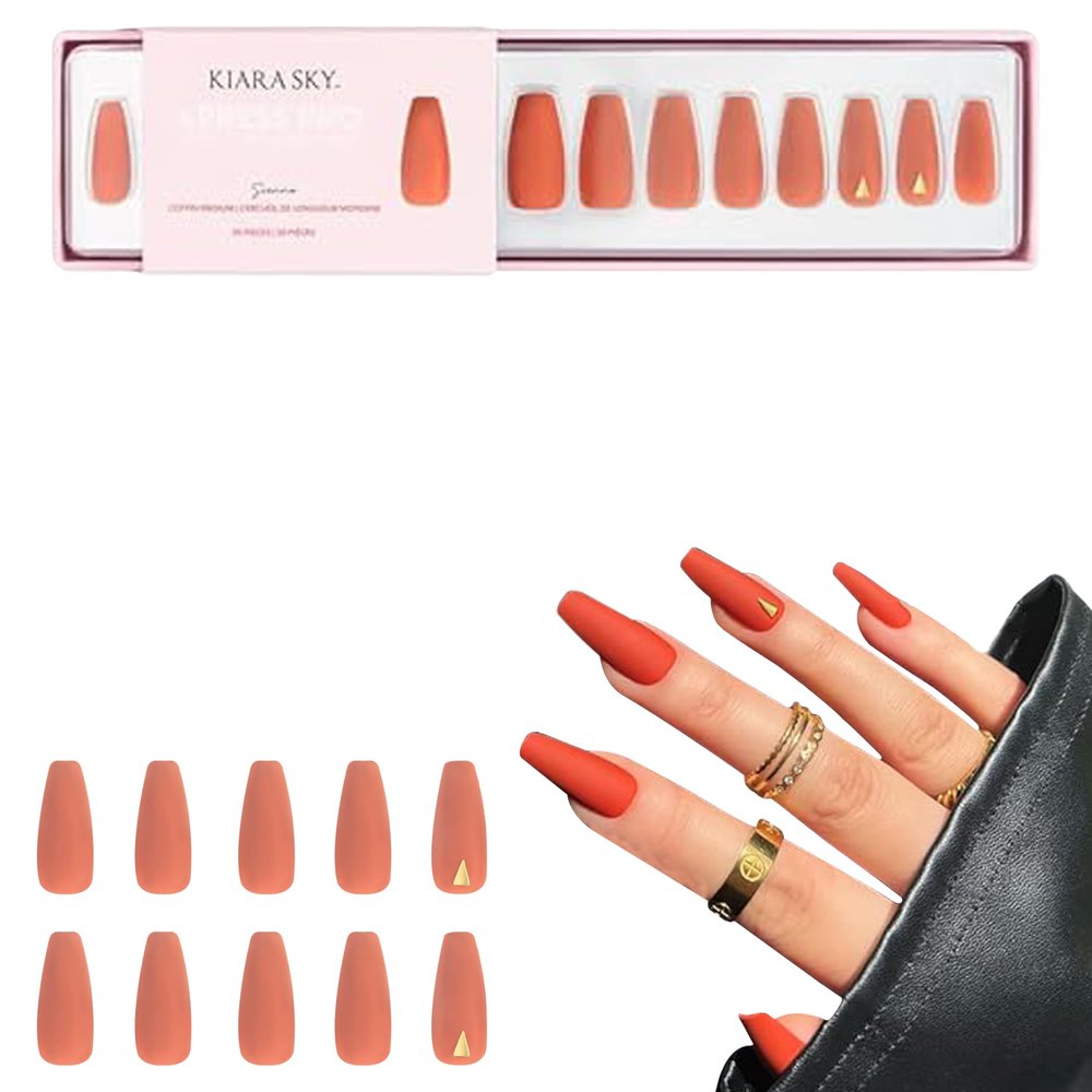 Kiara Sky Press On Nails | XPRESS PRO 100% Acrylic Nails | 30-Piece Kit Includes Nail Glue, Cuticle Pusher, File & Prep Pad | Coffin Medium - Sienna