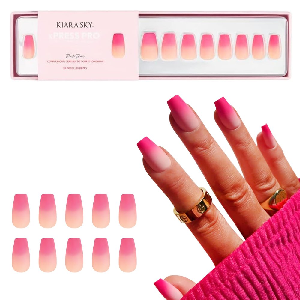 Kiara Sky Press On Nails | XPRESS PRO 100% Acrylic Nails | 30-Piece Kit Includes Nail Glue, Cuticle Pusher, File & Prep Pad | Coffin Short - Pink Skies
