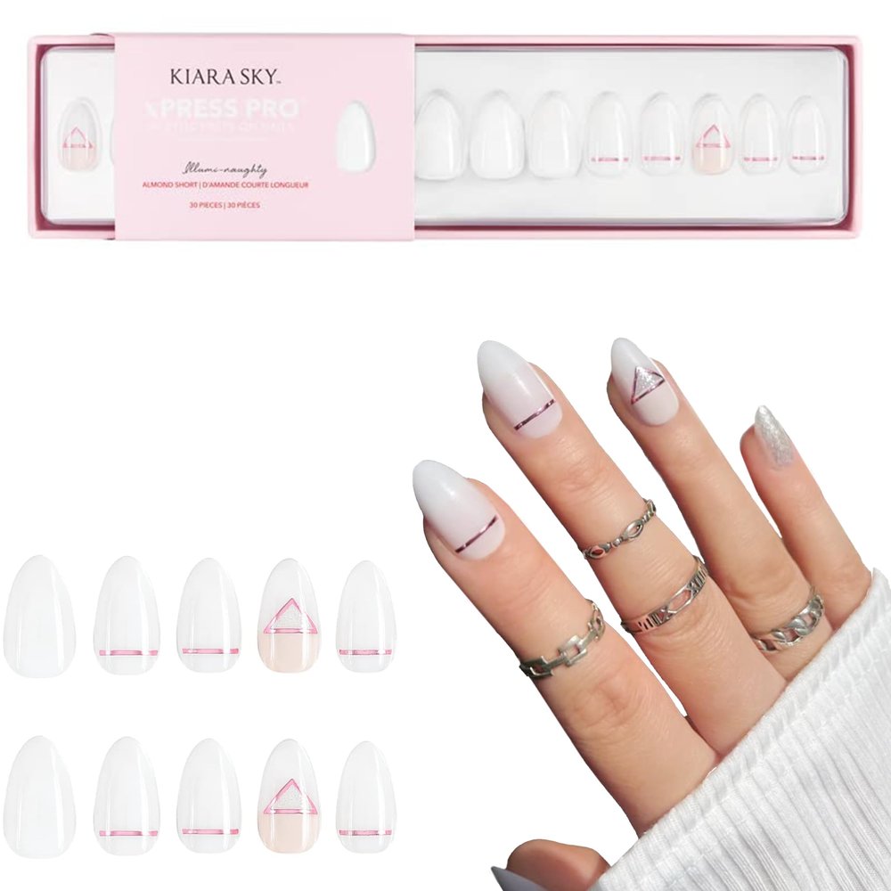 Kiara Sky Press On Nails | XPRESS PRO 100% Acrylic Nails | 30-Piece Kit Includes Nail Glue, Cuticle Pusher, File & Prep Pad | Almond Short - Illumi Naughty