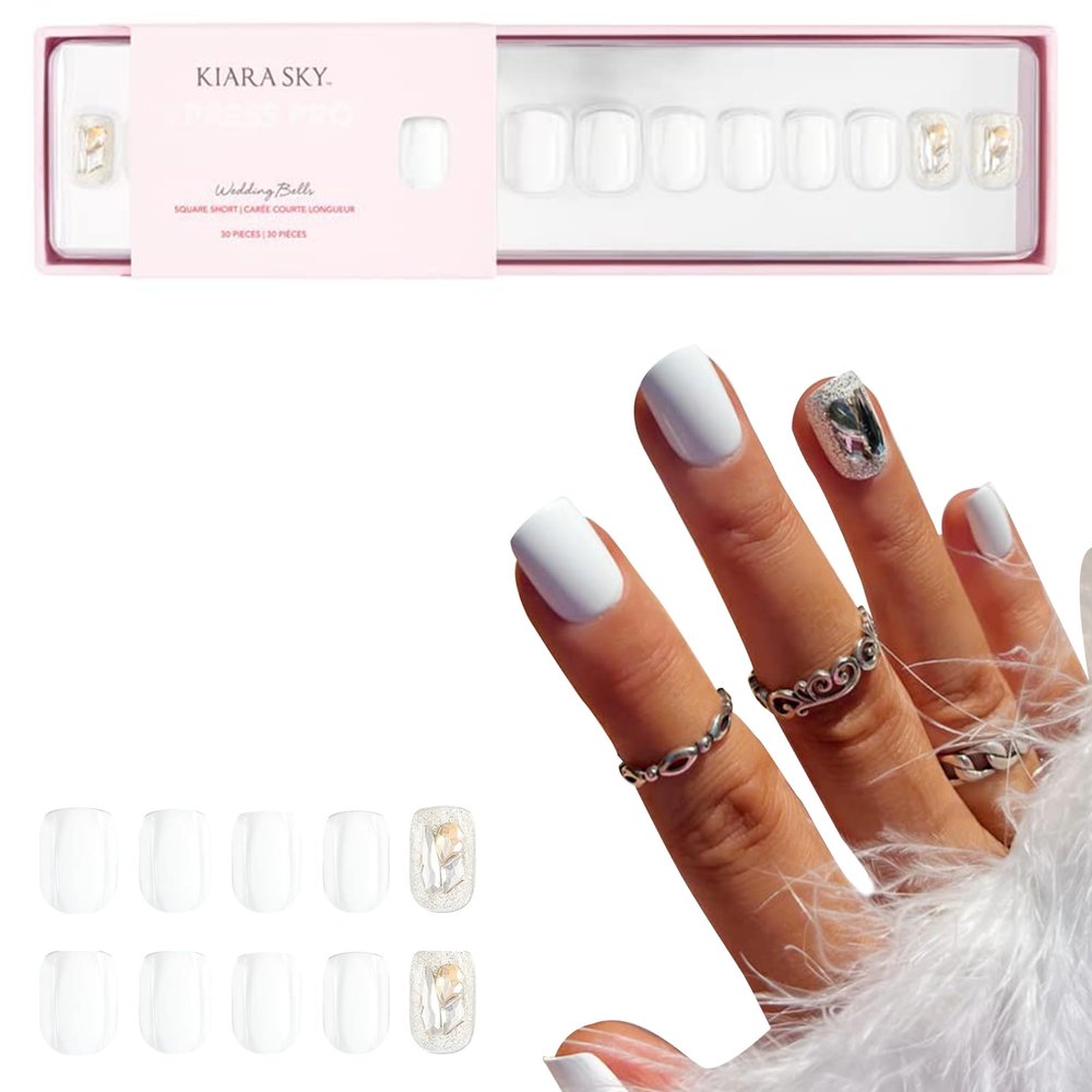 Kiara Sky Press On Nails | XPRESS PRO 100% Acrylic Nails | 30-Piece Kit Includes Nail Glue, Cuticle Pusher, File & Prep Pad | Square Short - Wedding Bells