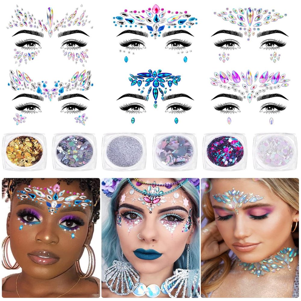 iMethod Face Jewels and Body Glitter - Face Gems, Mermaid Face Jewels Stick On, Holographic Cosmetic Face Glitter, for Festival Holiday Costumes & Halloween Alien Makeup, 12 Pcs