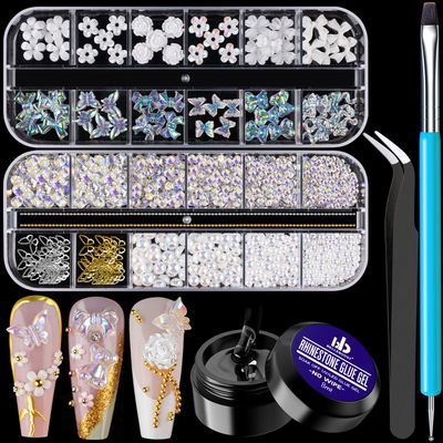 Mixed 3D Nail Art Gem Decoration Accessories Kit #4, Aurora Bear Bow Butterfly Starry AB Rhinestone Charm Jewelry for Deco, Pearl Flower Caviar Bead Stone Crystal with Dual-End Brush and Tweezer