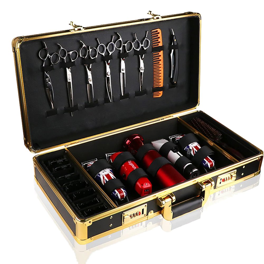 Barber Carrying Case Barber Case, Stylist Tool Box Professional Salon Hair Cutting Grooming Kit Storage Organizer for Clippers, Scissors, Barber Supplies with Secure Numlock, Gold
