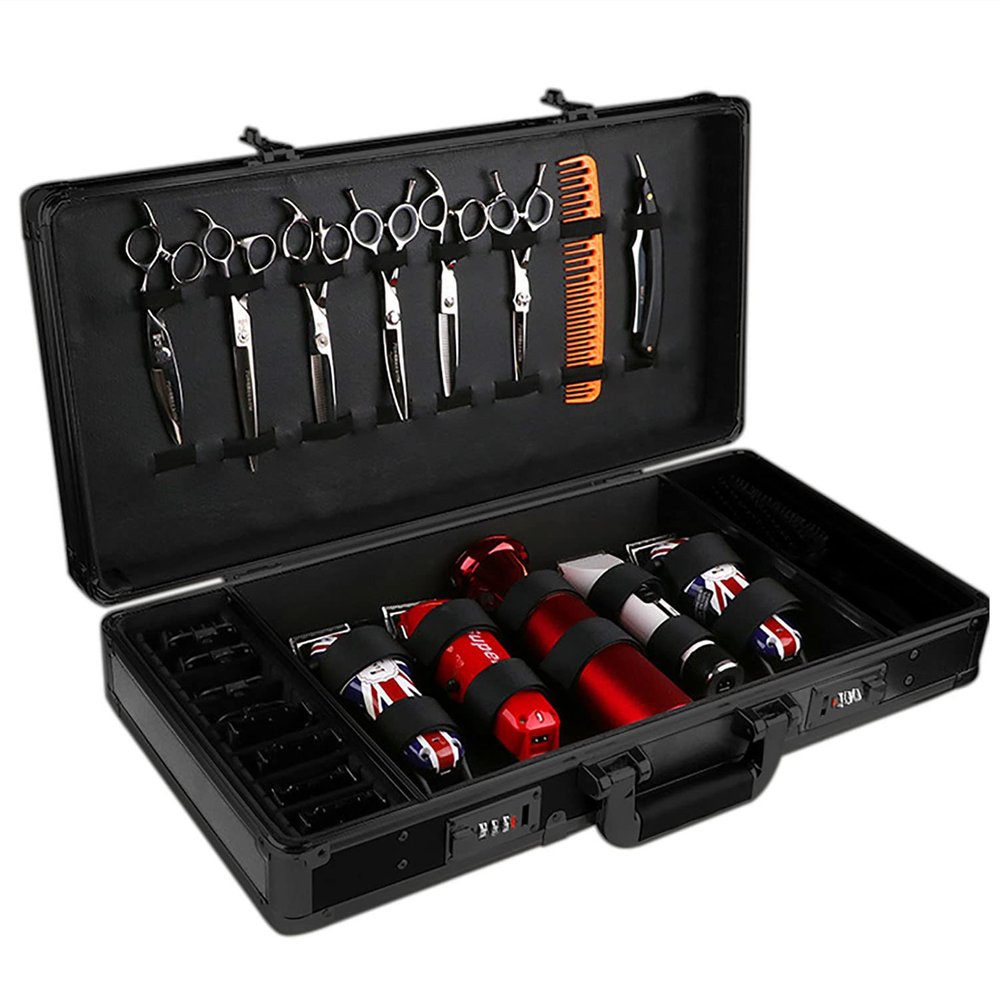 GMSLuu Barber Carrying Case Barber Case, Stylist Tool Box Professional Salon Hair Cutting Grooming Kit Storage Organizer for Clippers, Scissors, Barber Supplies with Secure Numlock, Black