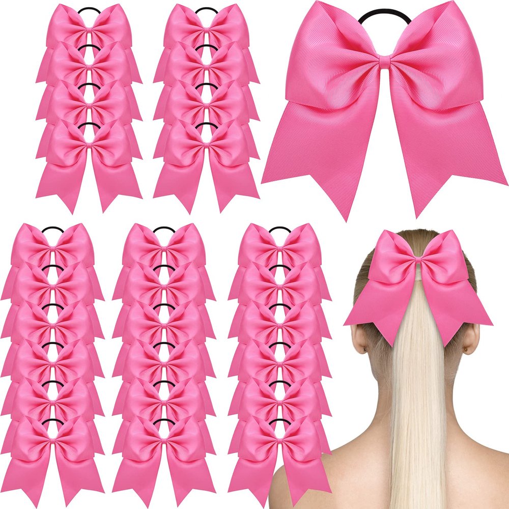 Yunsailing 40 Pcs 7'' Pink Cheer Hair Bows Breast Cancer Awareness Items for Girls Hot Pink Cheerleaders Bows Ponytail Holder Elastic Tie Bands Sports Hair Accessories for Teen Youth Women College