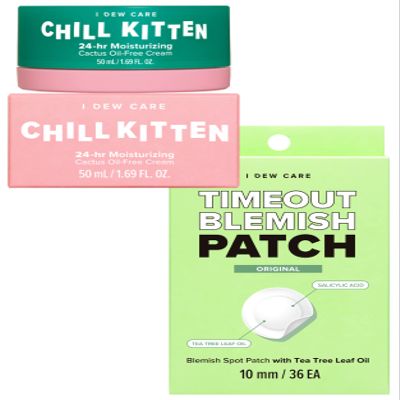 I DEW CARE Hydrocolloid Acne Pimple Patch - Timeout Blemish Original + Chill Kitten I 24-hr Moisturizing Cactus Oil-free Face Moisturizer Cream Bundle