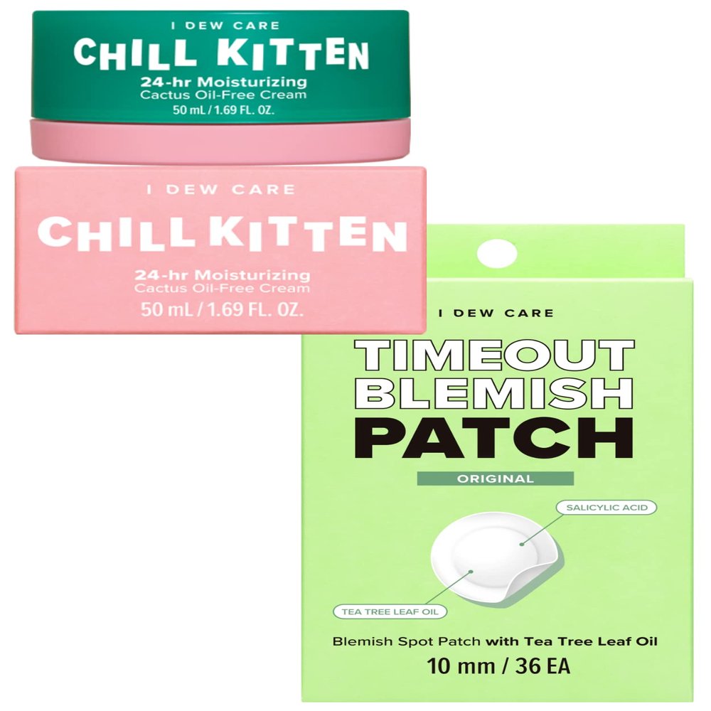 I DEW CARE Hydrocolloid Acne Pimple Patch - Timeout Blemish Original + Chill Kitten I 24-hr Moisturizing Cactus Oil-free Face Moisturizer Cream Bundle