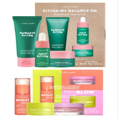 I Dew Care Skin Care Set - Kitten My Balance On + Skincare Set - Vitamin To Glow Pack | Illuminating Vitamin C Trio with Niacinamide, Travel Size, Cream, Lip Mask, Serum Bundle