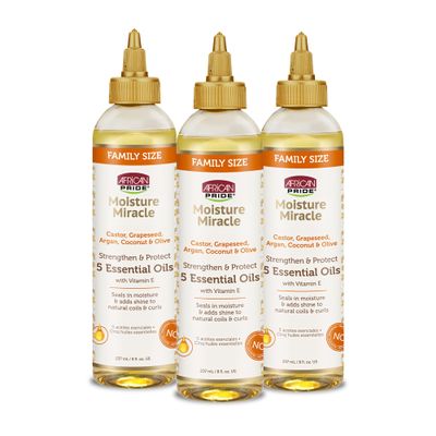 African Pride Moisture Miracle 5 Essential Hair Oils with Vitamin E (3 Pack) | Moisture, Shine, Protection, and Growth | Argan, Castor, Grapeseed, Coconut, and Olive Oil | 8 oz