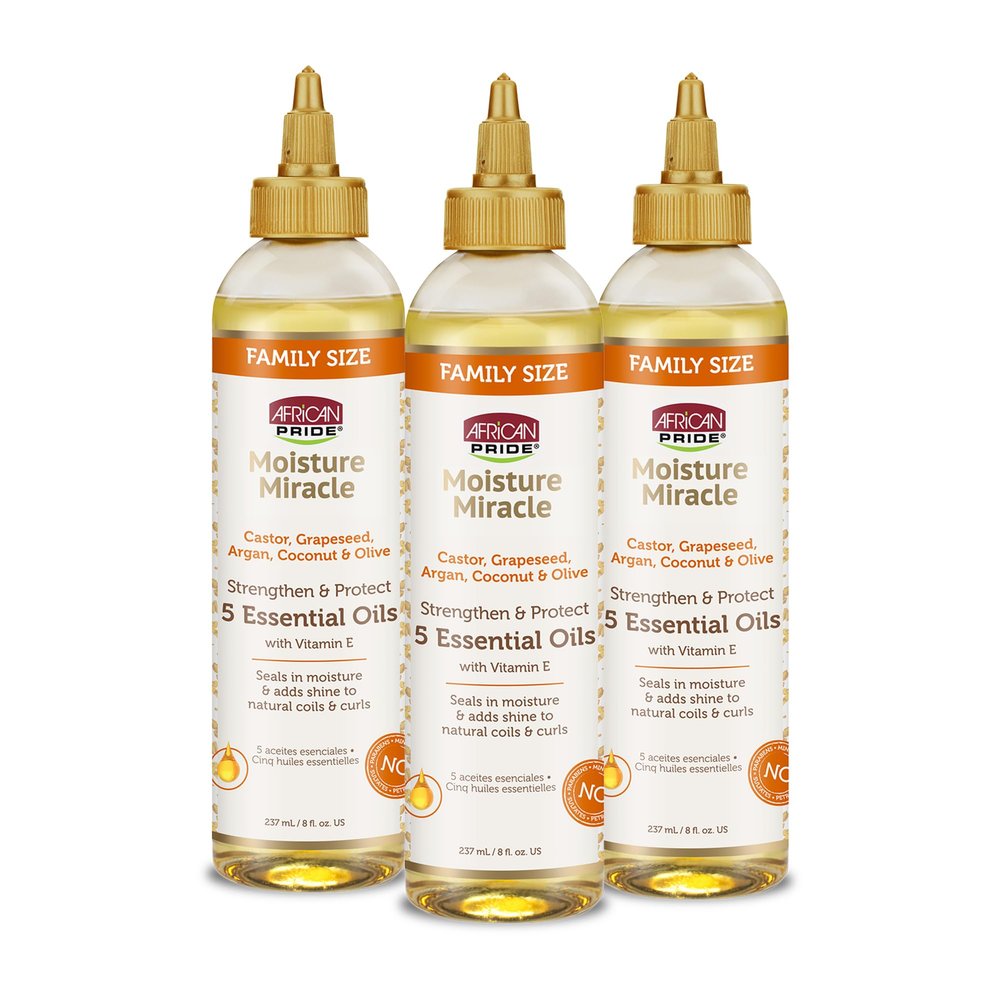 African Pride Moisture Miracle 5 Essential Hair Oils with Vitamin E (3 Pack) | Moisture, Shine, Protection, and Growth | Argan, Castor, Grapeseed, Coconut, and Olive Oil | 8 oz