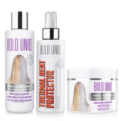 BOLD UNIQ Purple Hair Mask For Blonde, Platinum, Bleached, Silver, Gray, Ash & Brassy Hair, Purple Conditioner, and Heat Protectant Spray Bundle - Cruelty Free and Vegan