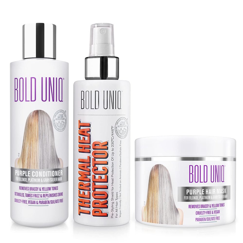BOLD UNIQ Purple Hair Mask For Blonde, Platinum, Bleached, Silver, Gray, Ash & Brassy Hair, Purple Conditioner, and Heat Protectant Spray Bundle - Cruelty Free and Vegan