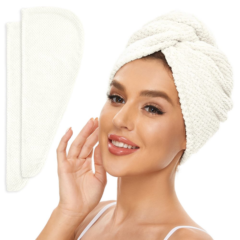 SimpleField 2 Pack Microfiber Hair Towel Wrap for Women, Anti Frizz Quick Drying Hair Turban for All Hair Style, Absorbent and Lightweight (Ivory)