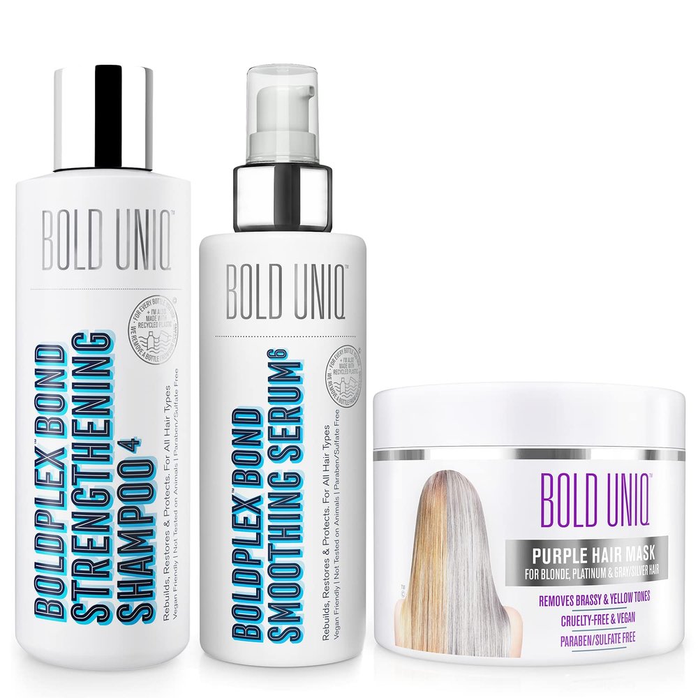 BOLD UNIQ Purple Hair Mask For Blonde, Platinum, Bleached, Silver, Gray, Ash & Brassy Hair, BoldPlex 6 Hair Serum & BoldPlex 4 Shampoo Bundle - Remove Yellow Tones & Condition Dry, Damaged Hair