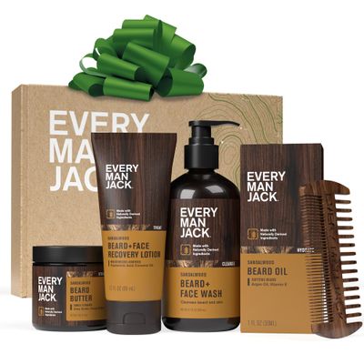 Every Man Jack Beard Essentials Gift Set for Men  Complete Routine with 5 Full-Size Products  Sandalwood Scent - Beard & Face Wash, Lotion, Oil, Butter & Comb