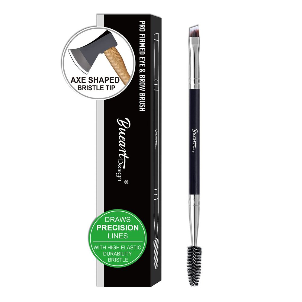 SHARP Fine Line ULTRA THIN Stiff Brow Brushes for PRECISION Natural Eyebrows #14 Duo Ended Angled Eyebrow Brush with Spoolie Eyelash Spiral Mascara Brush (Black & silver)