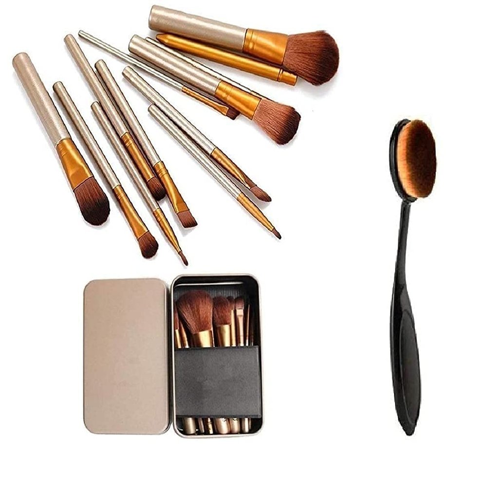 METREY Naked Makeup Brush Tool Set of 12 with storage box + Professional Oval Foundation Brush (Pack of 2) - Multicolor