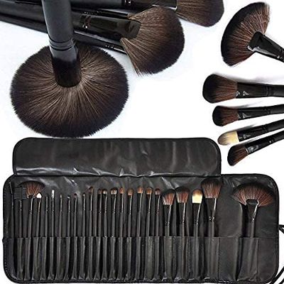 METREY Fiber Bristle Makeup Brush Set with Black Leather Case- BLACK, 24 Pieces