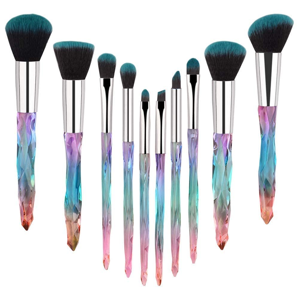 METREY WOPMENT 10 Pieces Professional Diamond Cosmetic Brush Set for Kabuki Concealer Face Powder Eye Shadow Highlight Kit for Make up - Multicolor
