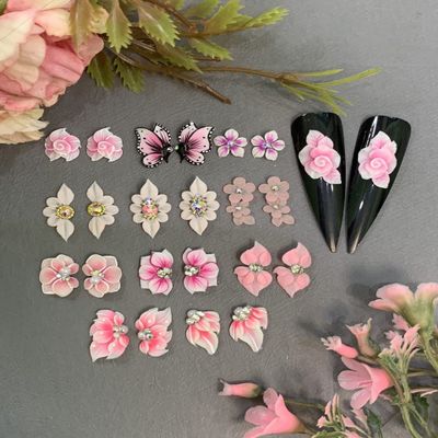 3D Acrylic Flower Nail Art Charms Handmade by Acrylic Powder - 15 colors, 24pcs Flowers Nail Rhinestones Kit 3D Crystal Nail Pearls Flat Design Acrylic Nail Art for Women Girls (Pink)