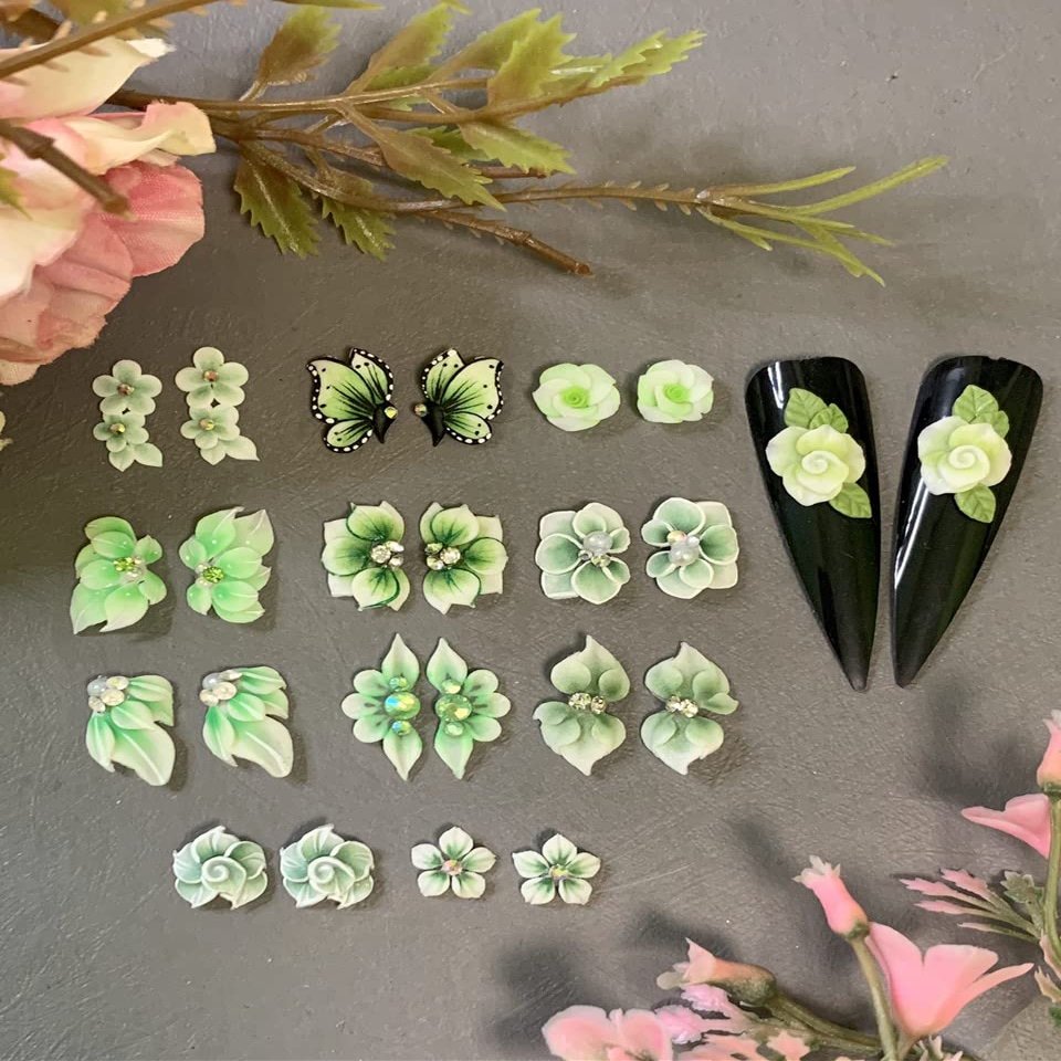 3D Acrylic Flower Nail Art Charms Handmade by Acrylic Powder - 15 colors, 24pcs Flowers Nail Rhinestones Kit 3D Crystal Nail Pearls Flat Design Acrylic Nail Art for Women Girls (Green), 24.0 Count