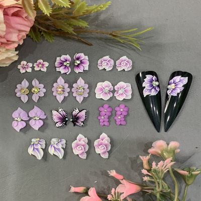 3D Acrylic Flower Nail Art Charms Handmade by Acrylic Powder - 15 colors, 24pcs Flowers Nail Rhinestones Kit 3D Crystal Nail Pearls Flat Design Acrylic Nail Art for Women Girls (Violet)