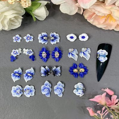 3D Acrylic Flower Nail Art Charms Handmade by Acrylic Powder - 15 colors, 24pcs Flowers Nail Rhinestones Kit 3D Crystal Nail Pearls Flat Design Acrylic Nail Art for Women Girls (Cobalt), 24.0 Count